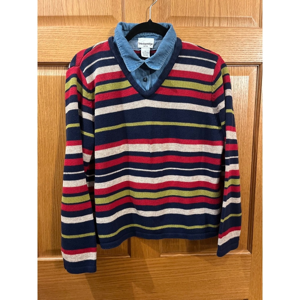 Old Money Bookish 90s Vintage Normcore Stripe Knit Sweater Women's Petite Lrg
